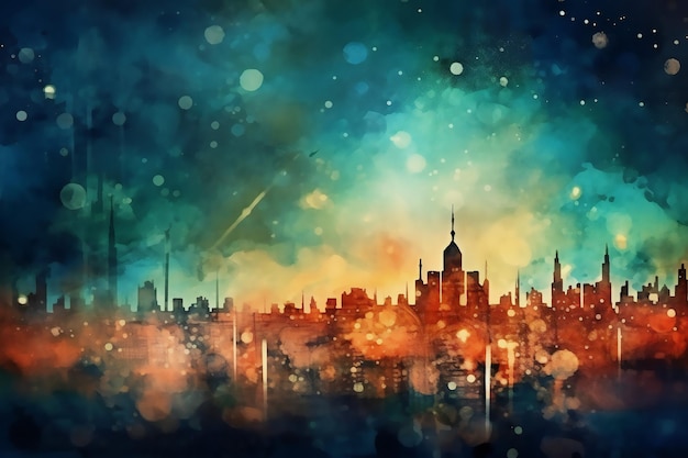 A bright abstract cityscape at sunset in watercolor style Great illustration for postcards