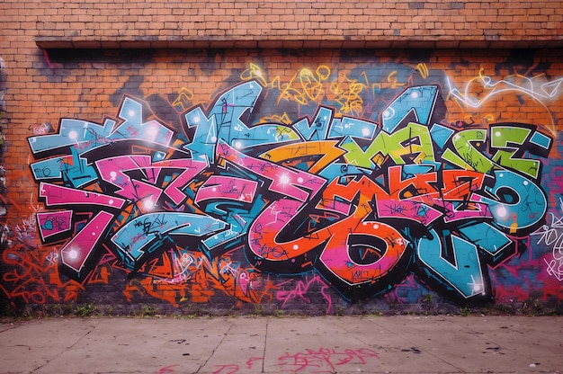 Bright abstract colorful graffiti on brick wall modern street styleGenerative AI