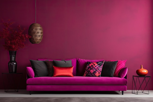 A bright accent pillow in the vibrant magenta color of the year 2023 adds a pop of color to the hori