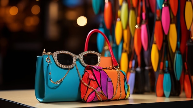 Bright accessories womens handbags with glasses on the store counter