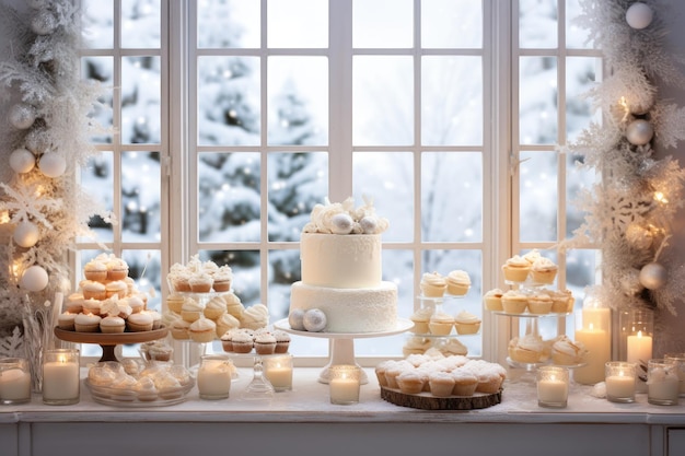 a bright airy dessert buffet table with a cake