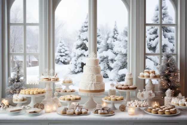 a bright airy dessert buffet table with a cake