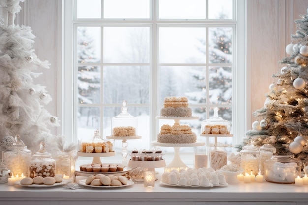 a bright airy dessert buffet table with a cake