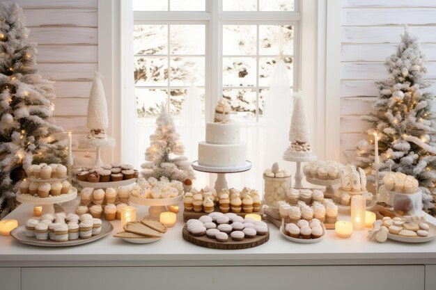 a bright airy dessert buffet table with a cake