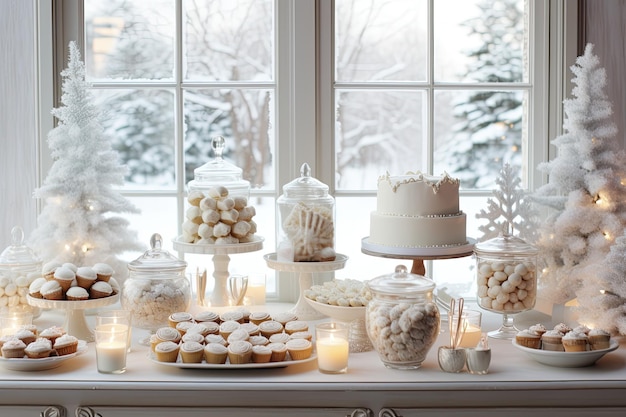 a bright airy dessert buffet table with a cake