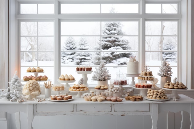 a bright airy dessert buffet table with a cake