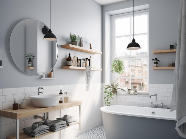 Bright and airy light grey bathroom design AI Generate