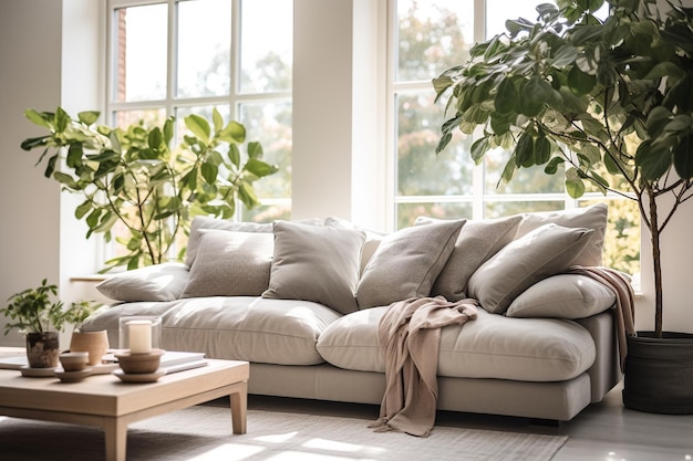 Bright and Airy Living Room with Green Houseplants