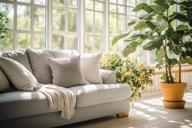 Bright and Airy Living Room with Green Houseplants