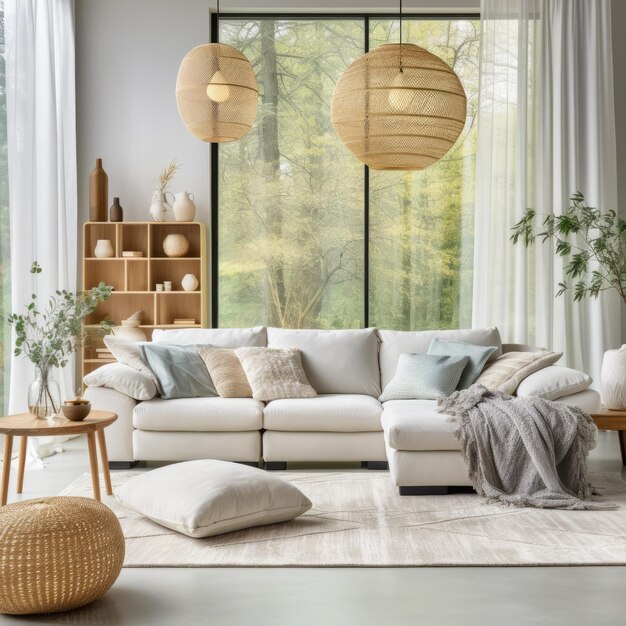 Bright and Airy Living Room With Large Windows and Comfy Sofa