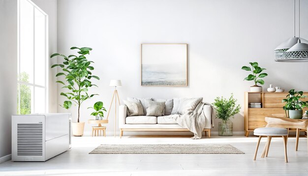 現代 的 な 家具 と 植物 を 備え て いる 明るく 空気 の 豊かな リビング