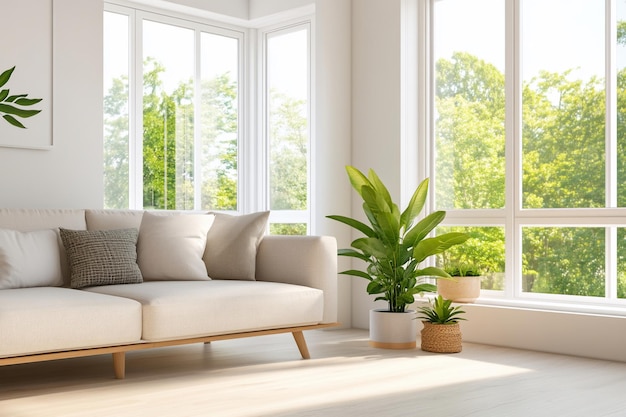 bright and airy living room with plants and large windows