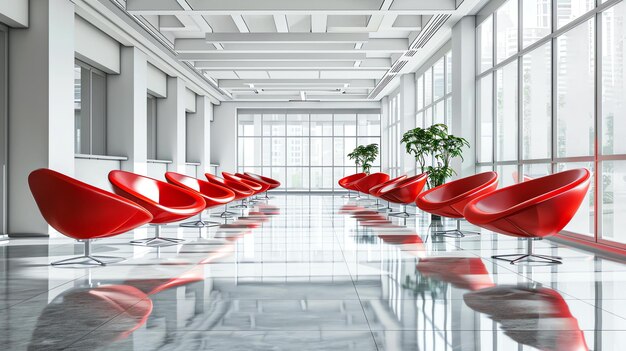 Bright and airy modern office space with large windows white walls and red chairs