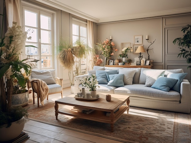 Bright and airy Provence living room space AI Generative