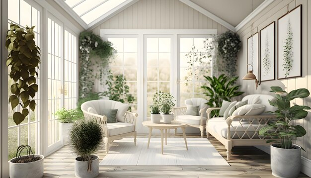 Photo bright and airy sunroom with wicker furniture and indoor plants generative ai