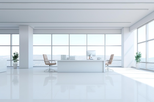 Яркое и воздушное белое офисное пространство с макетом стены Generative Ai