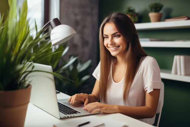 The Bright Ambitions A Captivating Snapshot of a Young Attractive Woman Embracing Work at her Compu