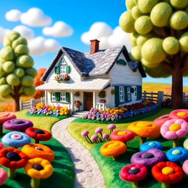 사진 정원에서 밝고 다채로운 3d felted 농장 집
