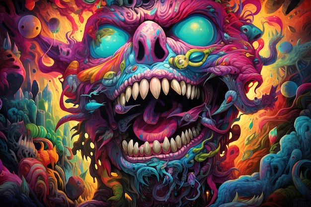 写真 bright and psychedelic illustration of a smiling monster with large eyes and sharp teeth set against a whirl of abstract shapes and colorful splashes