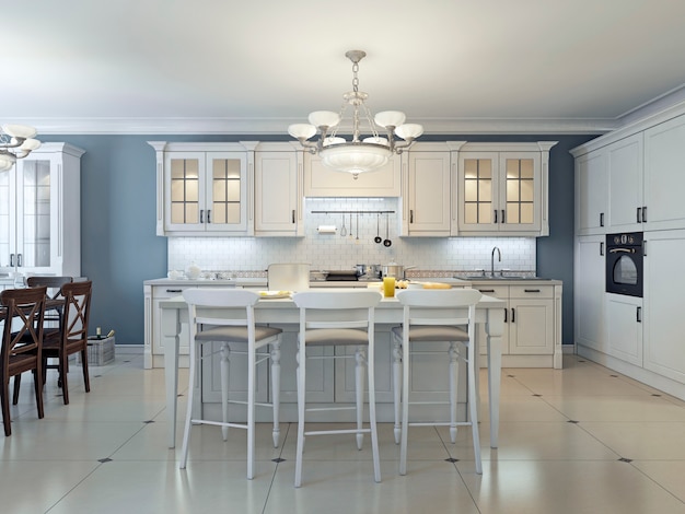 Bright art deco kitchen design of white cabinets and marble countertops with white brick backsplash and navy colored walls.