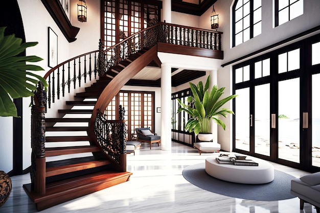 Bright asian interior of modern beachfront villa with spacious staircase and windows generative ai