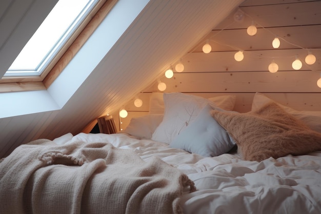Bright attic room with a skylight and hanging bulbs over a bed xA