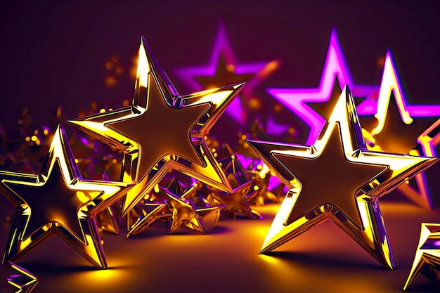 Bright attractive d render neon background with golden glowing stars