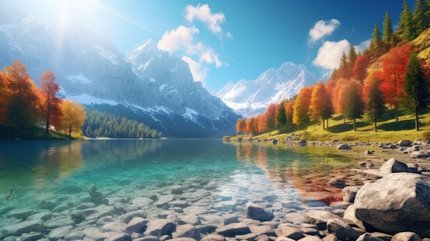 Bright autumn day on the shore of the Jasna lake Ai generative