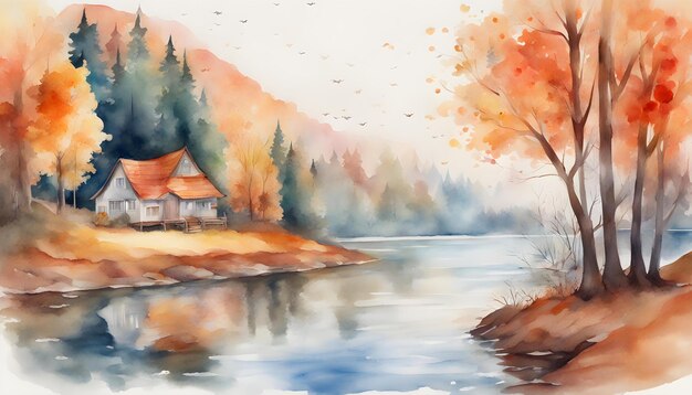 Photo bright autumn landscape beautiful watercolor painting