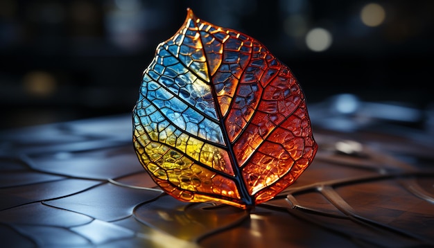 사진 밝은 가을 잎은 인공 지능이 생성한 실내 유리 꽃병의 생생한 색상을 반영합니다.