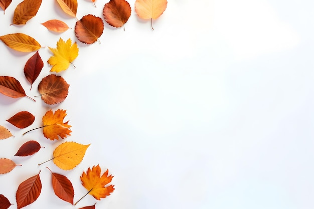 Bright autumn leaves on white background view from above flat lay style with copy space Minimal floral composition Autumn leaves frame Generated ai