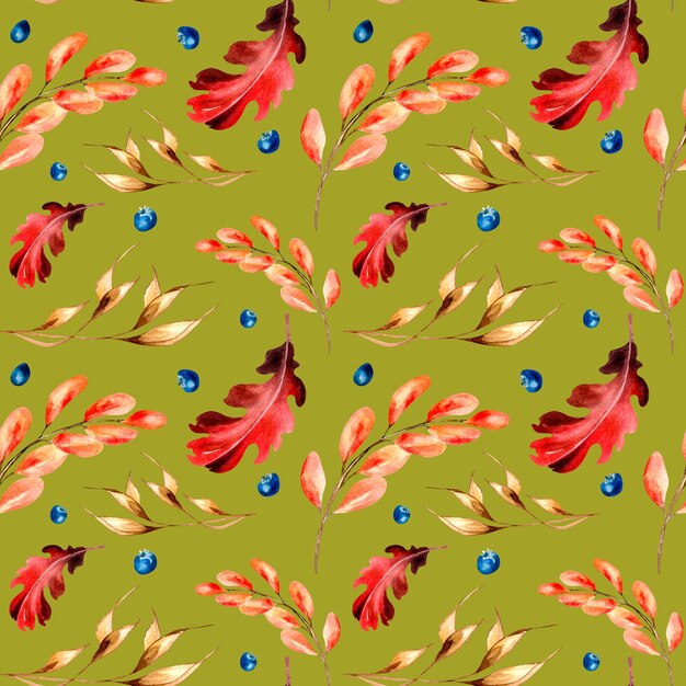 Bright autumn red leaves and spikelet watercolor seamless pattern on green