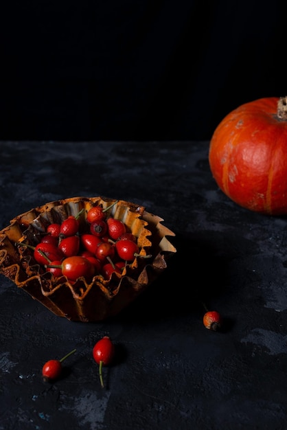 Bright autumn still life on a dark background pumpkins and red berries on black texture table