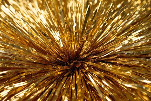 Photo bright background thinly cut strips of gold foil shiny metallic tinsel holiday decor sparkling