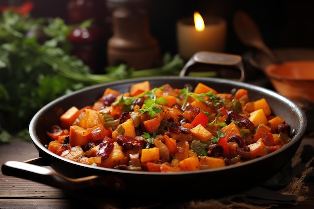 Bright background with wooden table holding a vegetable ragout in a pan