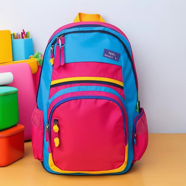 Bright backpack in a classroom prepared for learning