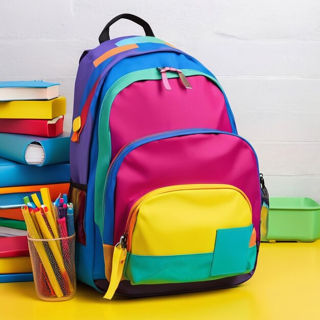 Bright backpack in a classroom prepared for learning