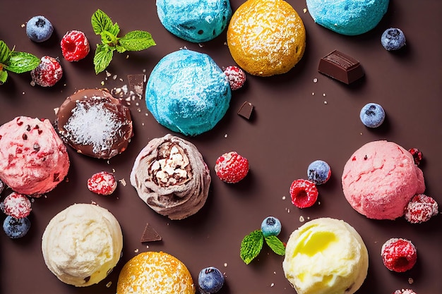 Bright balls of ice cream with delicious berries next to\
cookies and grated chocolate on the table 3d illustration