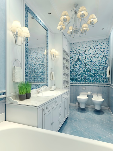 Bright bathroom classic style with white furniture and toilet and bidet.