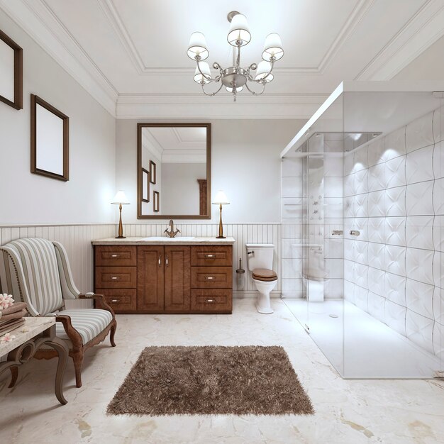 Bright bathroom in the English style with large glass shower and brown bathtub furniture. 3D render.