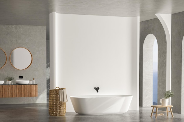 Bright bathroom interior with concrete floor and wall, white\
bathtub and two sinks, toilet and bidet