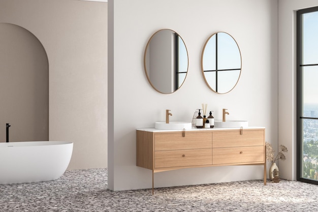 더블 세면대와 거울 테라초 바닥 욕조 식물이 있는 밝은 욕실 인테리어 입욕 액세서리 및 현대적인 가구 3D 렌더링