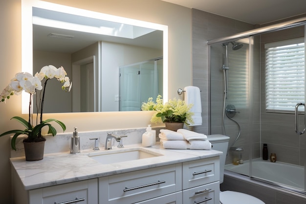 Photo bright bathroom with plants and white flowers