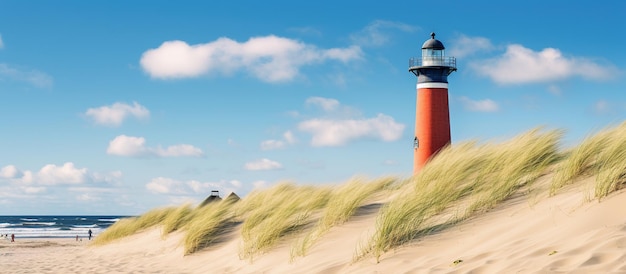 Bright beach sand dunes with the famous danish landmark lighthouse with blue sky background