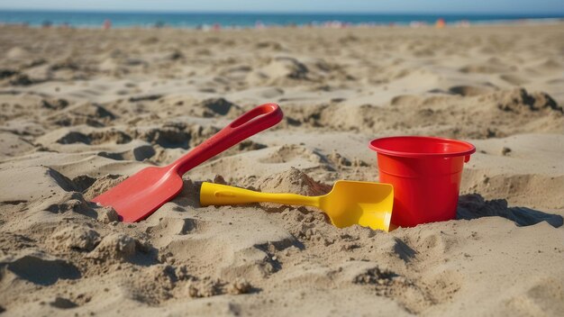 Bright beach toys on sandy ocean shore