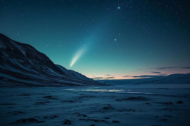 Photo a bright beam of light shines over a snowy landscape