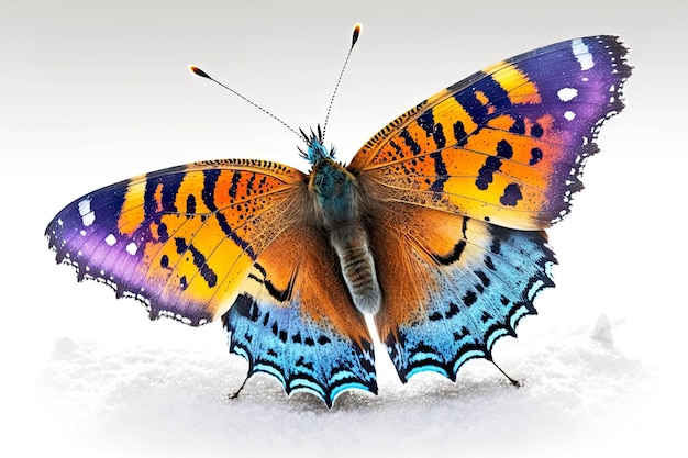 Яркая красивая бабочка зимой с красочными крыльями на белом фоне генеративный ai