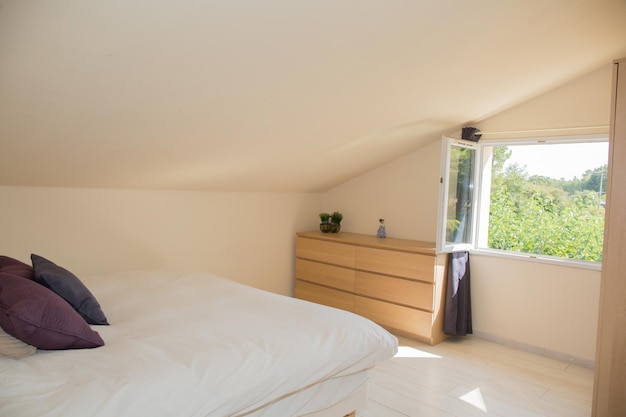 Bright Bedroom in attic with big bed