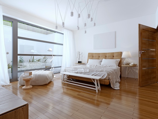 Bright bedroom contemporary style and a balcony with a view.