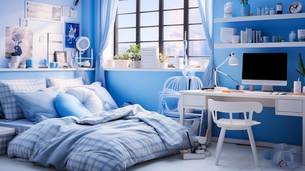 Bright bedroom design bedroom with blue decorations is decorated In the morning Generative Ai